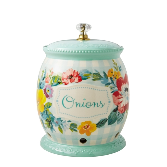 ❤️ New Pioneer Woman Sweet Romance Teal Gingham Onion Keeper with Lid - Picture 8 of 8